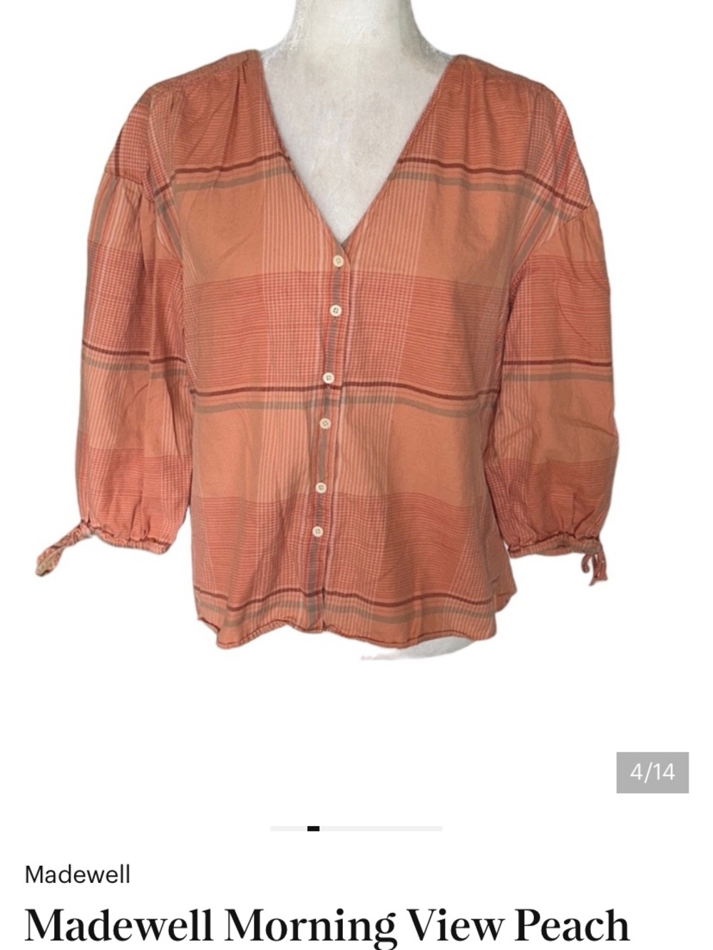 Madewell Peach Plaid Button-Front Blouse size small good - Picture 3 of 4